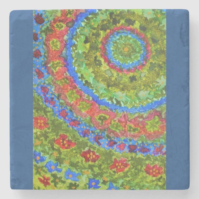 Vibrant abstract watercolor fractal garden stone coaster (Front)