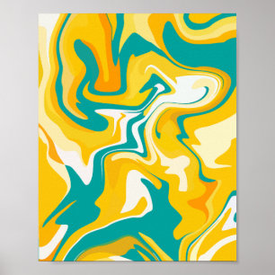 Vibrant Abstract Waves in Yellow and Turquoise Poster