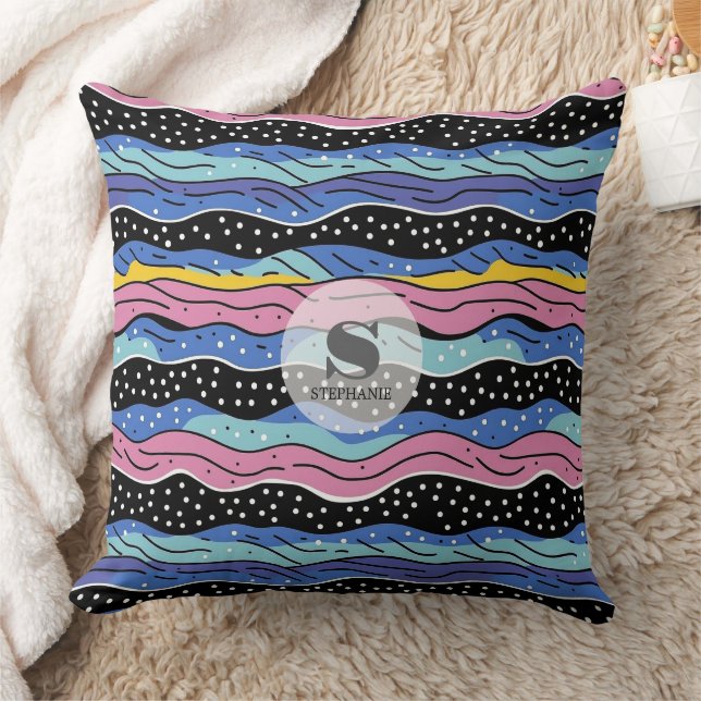 Vibrant Abstract Wavy Lines with Polka Dots Cushion (Blanket)