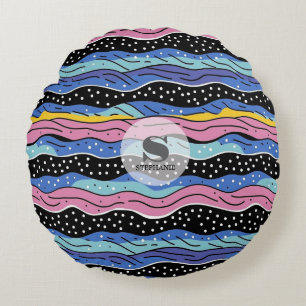 Vibrant Abstract Wavy Lines with Polka Dots Round Cushion