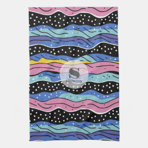 Vibrant Abstract Wavy Lines with Polka Dots Tea Towel