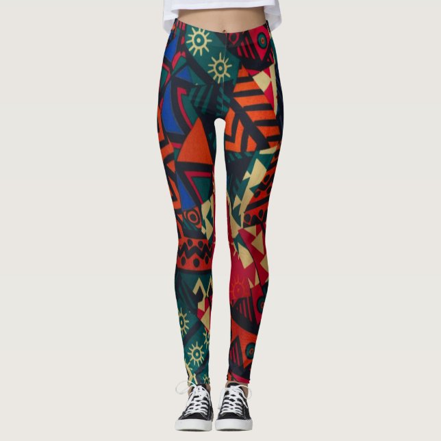 Vibrant African Geometric Tribal Abstract Pattern  Leggings (Front)