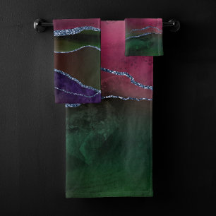 Vibrant Agate   Rich Pink and Green Jewel Tone Bath Towel Set