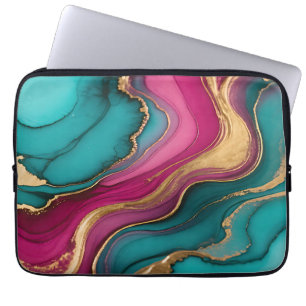 Vibrant Alcohol Ink Abstract Teal Magenta Gold Laptop Sleeve