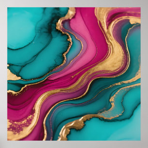 Vibrant Alcohol Ink Abstract Teal Magenta Gold Poster