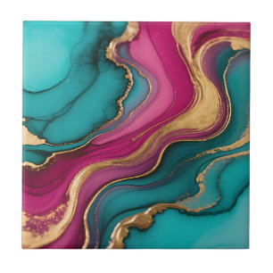 Vibrant Alcohol Ink Abstract Teal Magenta Gold Tile