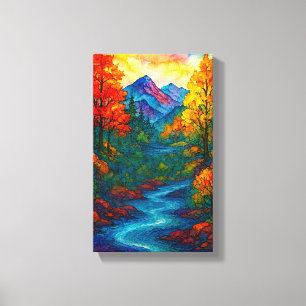 Vibrant Alcohol Ink Mountain river and trees  Canvas Print