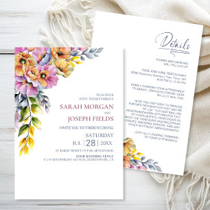 Vibrant All in One Pink and Orange Floral Wedding  Invitation