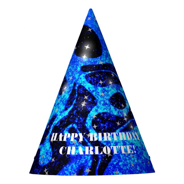 Vibrant and cosmic blue sparkling glitter party hat (Front)