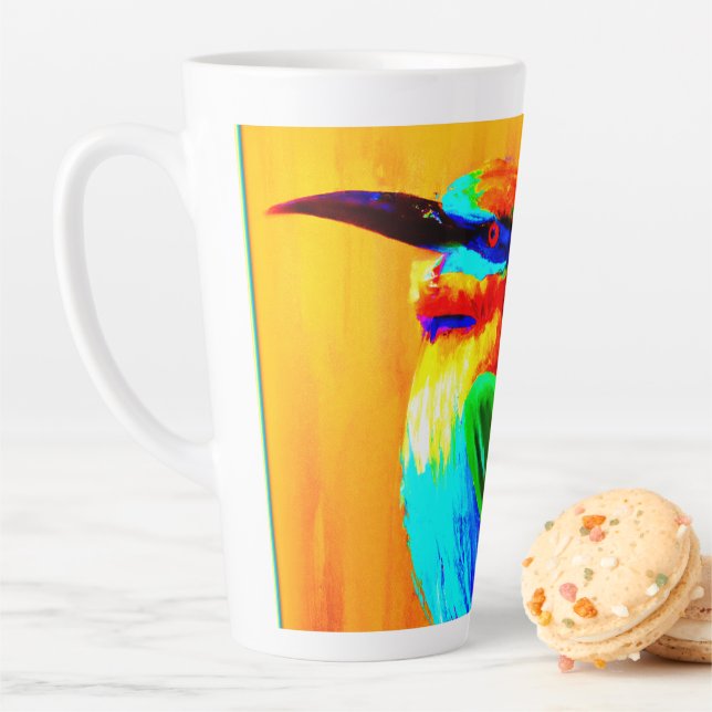 Vibrant and Joyful Rainbow Bird Painting. Buy Now Latte Mug (In Situ)