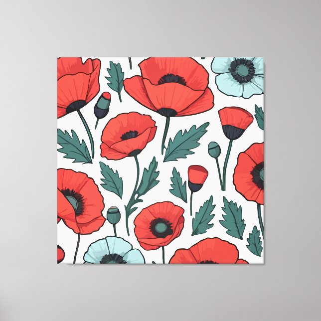 Vibrant and red Poppy Flowers Illustration Pattern Canvas Print (Front)
