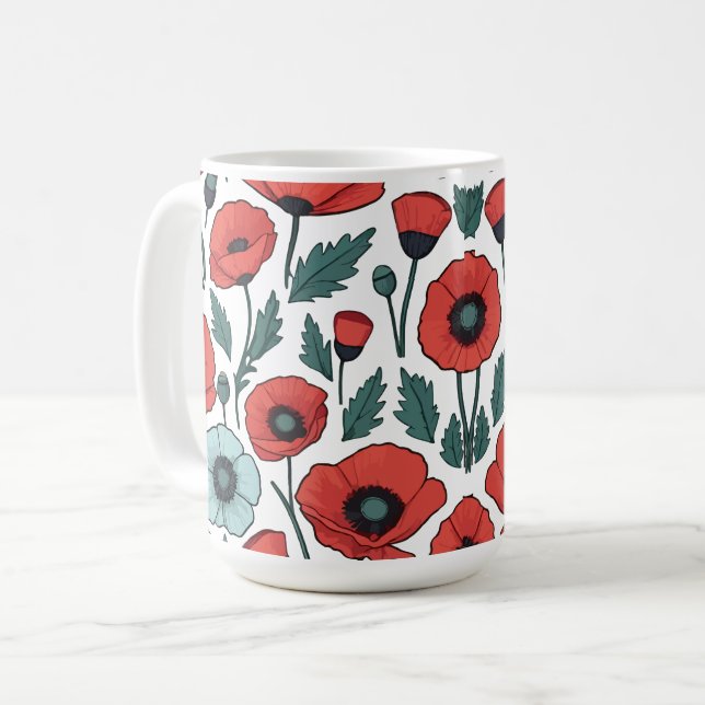 Vibrant and red Poppy Flowers Illustration Pattern Coffee Mug (Front Left)