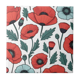Vibrant and red Poppy Flowers Illustration Pattern Tile