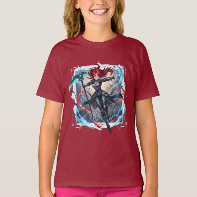 Vibrant Anime Action Scythe Fantasy Girl Kids' T-Shirt (Front)