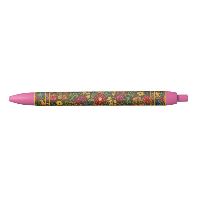 Vibrant Antique Botanical Garden Pattern Black Ink Pen (Front)