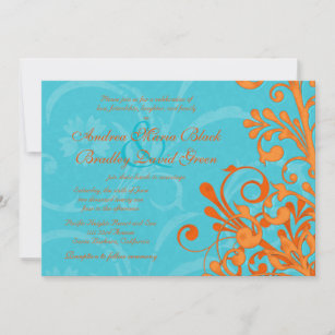 Vibrant Aqua and Orange Floral Wedding Invitation