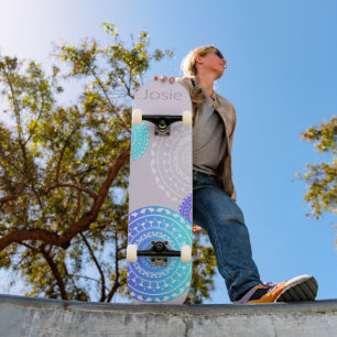 Vibrant Aqua Blue Random Mandala on Pink Add Name Skateboard