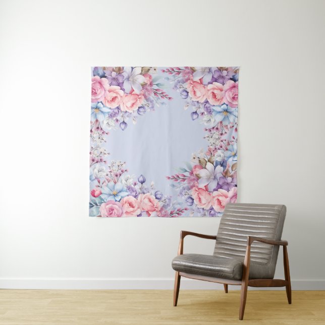 Vibrant Aqua & Pink Floral Photo Backdrop  Tapestry (In Situ)