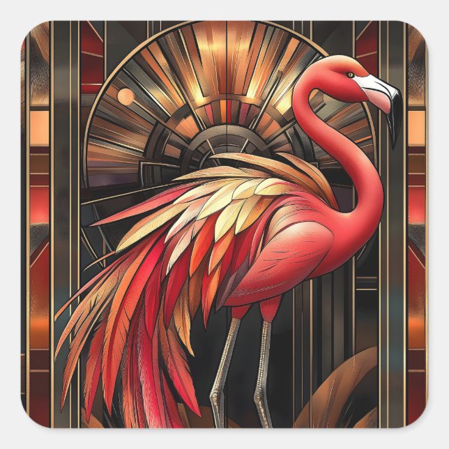 Vibrant Art Deco Flamingo Illustration Square Sticker (Front)