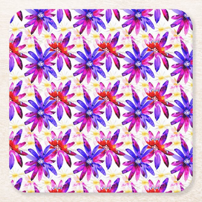 Vibrant Art Nouveau Floral Watercolor Square Paper Coaster (Front)