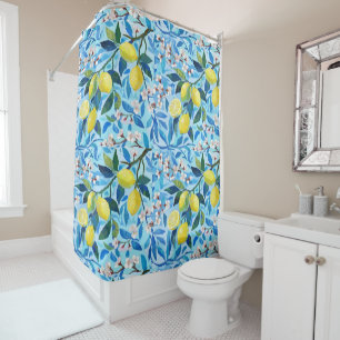 Vibrant art of blue lemon flowers shower curtain