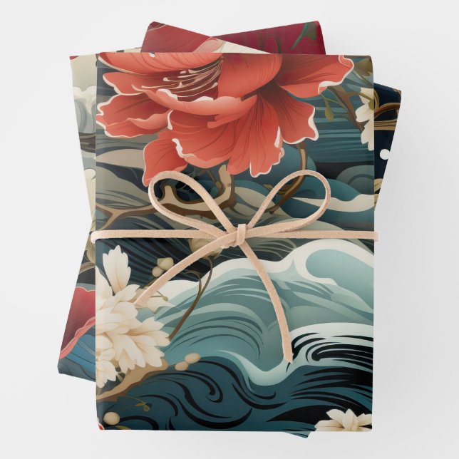 Vibrant Asian Inspired Florals & Waves Gift Wrap (In situ)