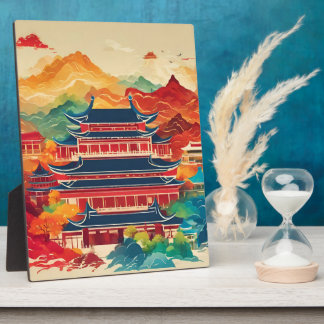 Vibrant Asian Pagoda Temple Mountain Landscape Plaque