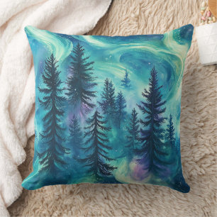 Vibrant Aurora Borealis Pine Forest Night Sky Cushion