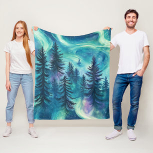 Vibrant Aurora Borealis Pine Forest Night Sky Fleece Blanket