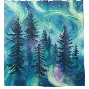Vibrant Aurora Borealis Pine Forest Night Sky Shower Curtain