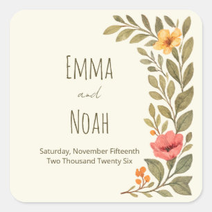 Vibrant Autumn Botanical Floral Wedding Square Sticker
