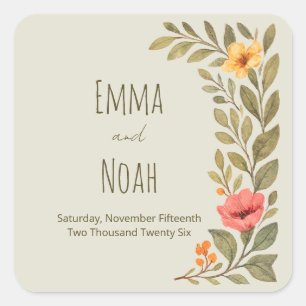 Vibrant Autumn Botanical Floral Wedding Square Sticker