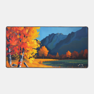 Vibrant Autumn Forest Desk Mat with Blue Mountain 