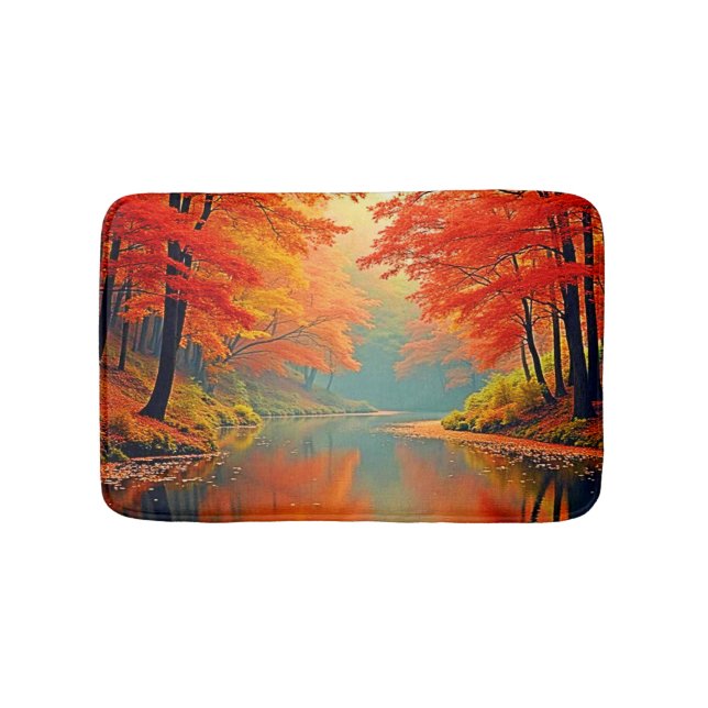 Vibrant Autumn Forest River Bath Mat (Front)
