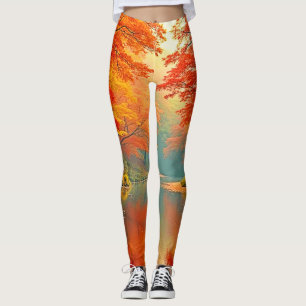 Vibrant Autumn Forest River Leggings