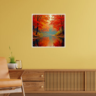Vibrant Autumn Forest River Poster