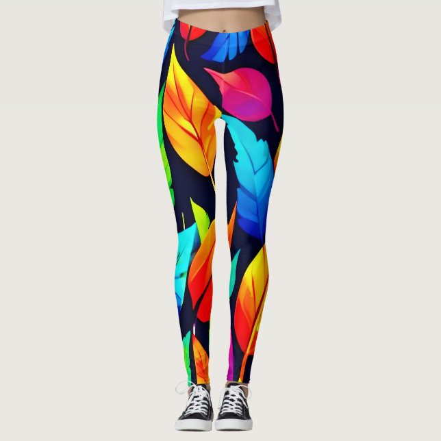 Vibrant Autumn Leaves Pattern Leggings (Front)