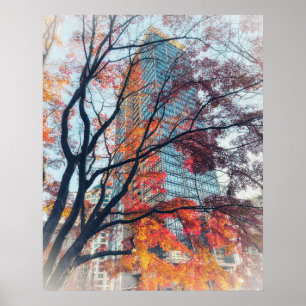 Vibrant Autumn Maple Tree and Modern Skyscraper Poster