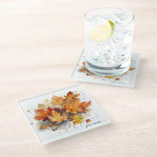 Vibrant Autumn Maple Watercolor, custom Glass Coaster