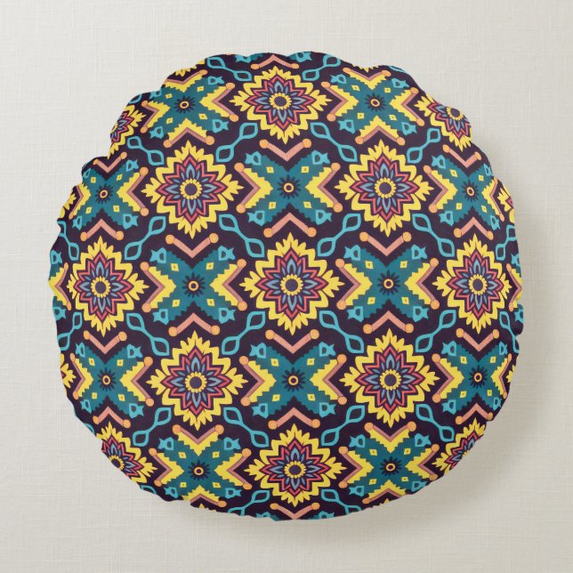 Vibrant Aztec Geometric Floral Pattern Round Cushion (Front)