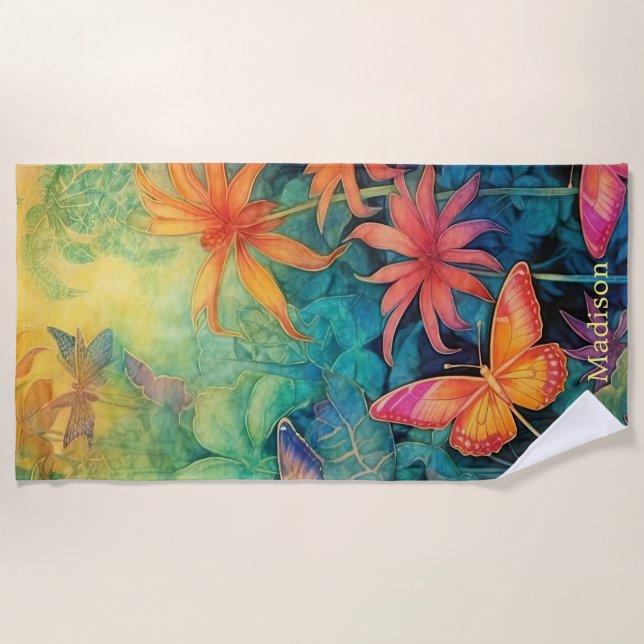 Vibrant Batik Watercolor Floral With Butterflies  Beach Towel (Front)