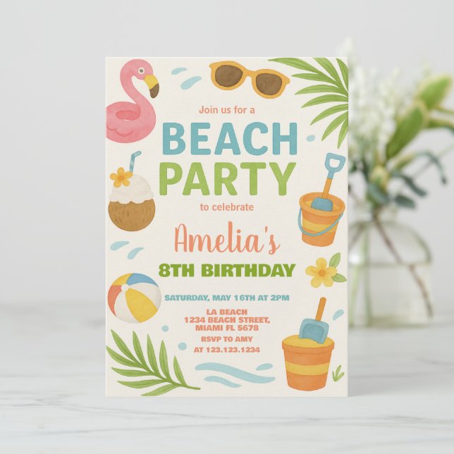 Vibrant Beach Birthday Invitation & Decor for Kids (Standing Front)