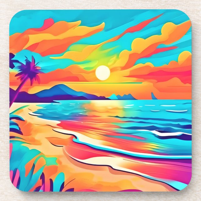 Vibrant Beach Sunset Art Coaster (Front)
