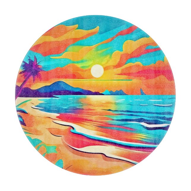 Vibrant Beach Sunset Art Cutting Board (Front)