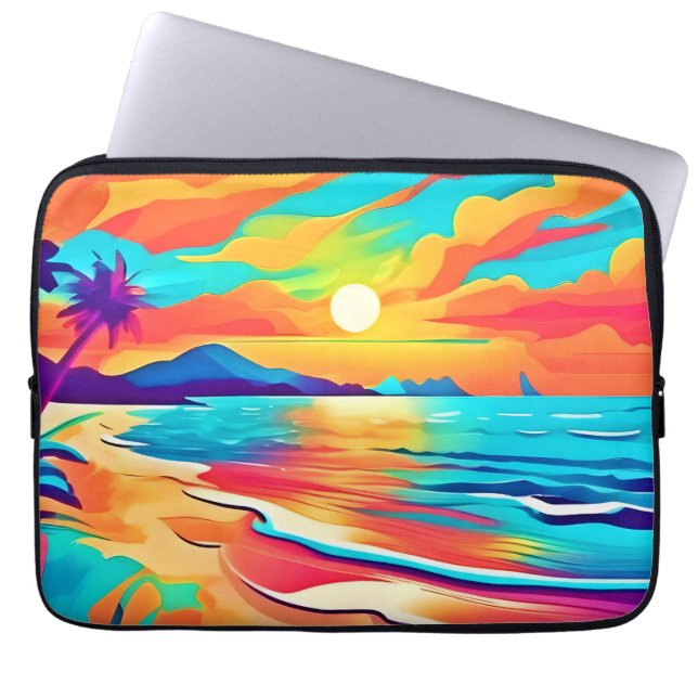 Vibrant Beach Sunset Art Laptop Sleeve (Front)