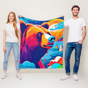 Vibrant Bear, Moonlit Scene Fleece Blanket