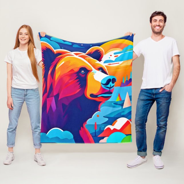 Vibrant Bear, Moonlit Scene Fleece Blanket (In Situ)