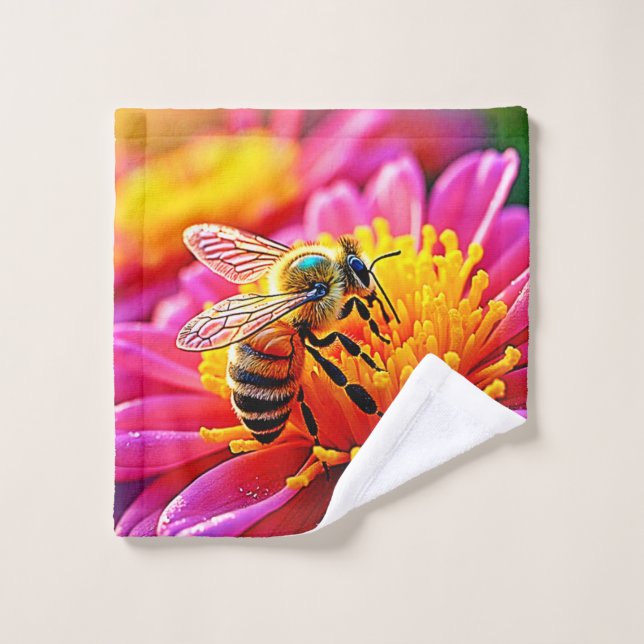 Vibrant Bee on Bloom Design Bath Towel Set (Wash Cloth)