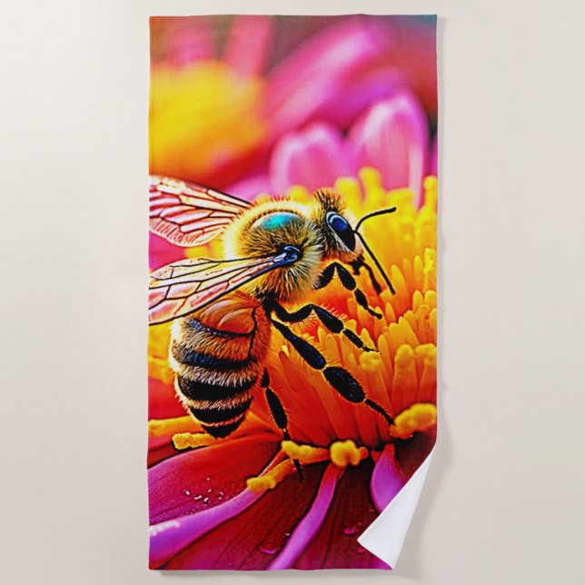 Vibrant Bee on Bloom Design Beach Towel (Front)