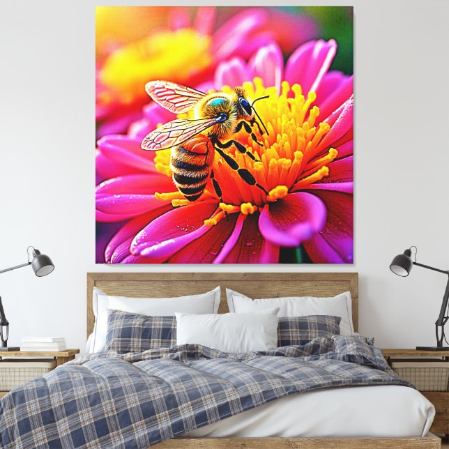 Vibrant Bee on Bloom Design Canvas Print (Insitu(Bedroom))